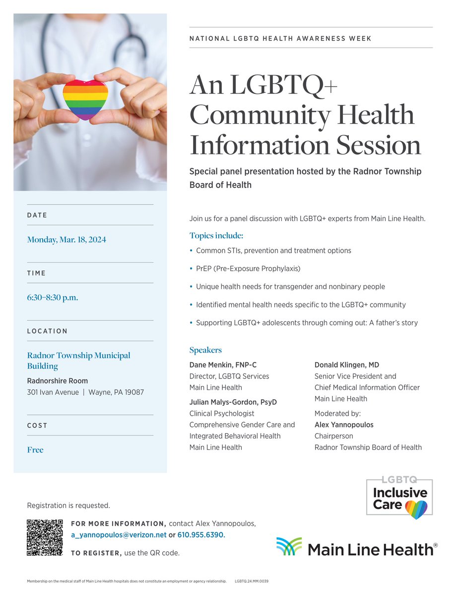 RadnorTownship's tweet photo. Monday, March 18 @ 6:30 - 8:30pm: In support of National LGBTQ+ Health Awareness Week, the Radnor Board of Health and Main Line Health will co-host a FREE community health information session at the Municipal Building.

Register today @ https://t.co/BH3ppTpv8h or via the QR Code. https://t.co/7VIwuOICnT