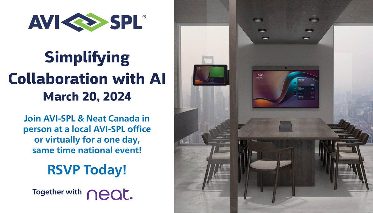 AVISPLCanada's tweet image. Join AVI-SPL &amp;amp; Neat on Wednesday, March 20th for a National Event! Join us for a captivating demonstration showcasing how AI simplifies the collaborative experience for users and IT teams in diverse workspaces.🤝 bit.ly/3I4YEzB

#AVTech #AICollaboration #HybridWorkforce