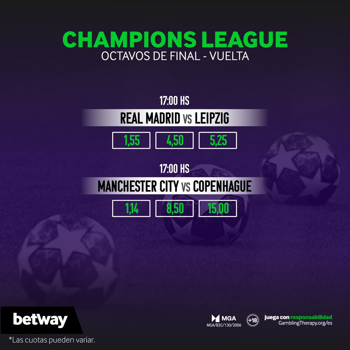 Betway_Chile's tweet photo. Vuelta Octavos de Final #ChampionsLeague 🙌🤩

👉 #ManchesterCity recibe este miércoles en su casa al #Copenhague.

👉 #RealMadrid buscará su clasificación luego de ganar la ida 0-1 vs #Leipzig

¿Son estos dos los candidatos a quedarse con la copa? https://t.co/htz3fRWDYI