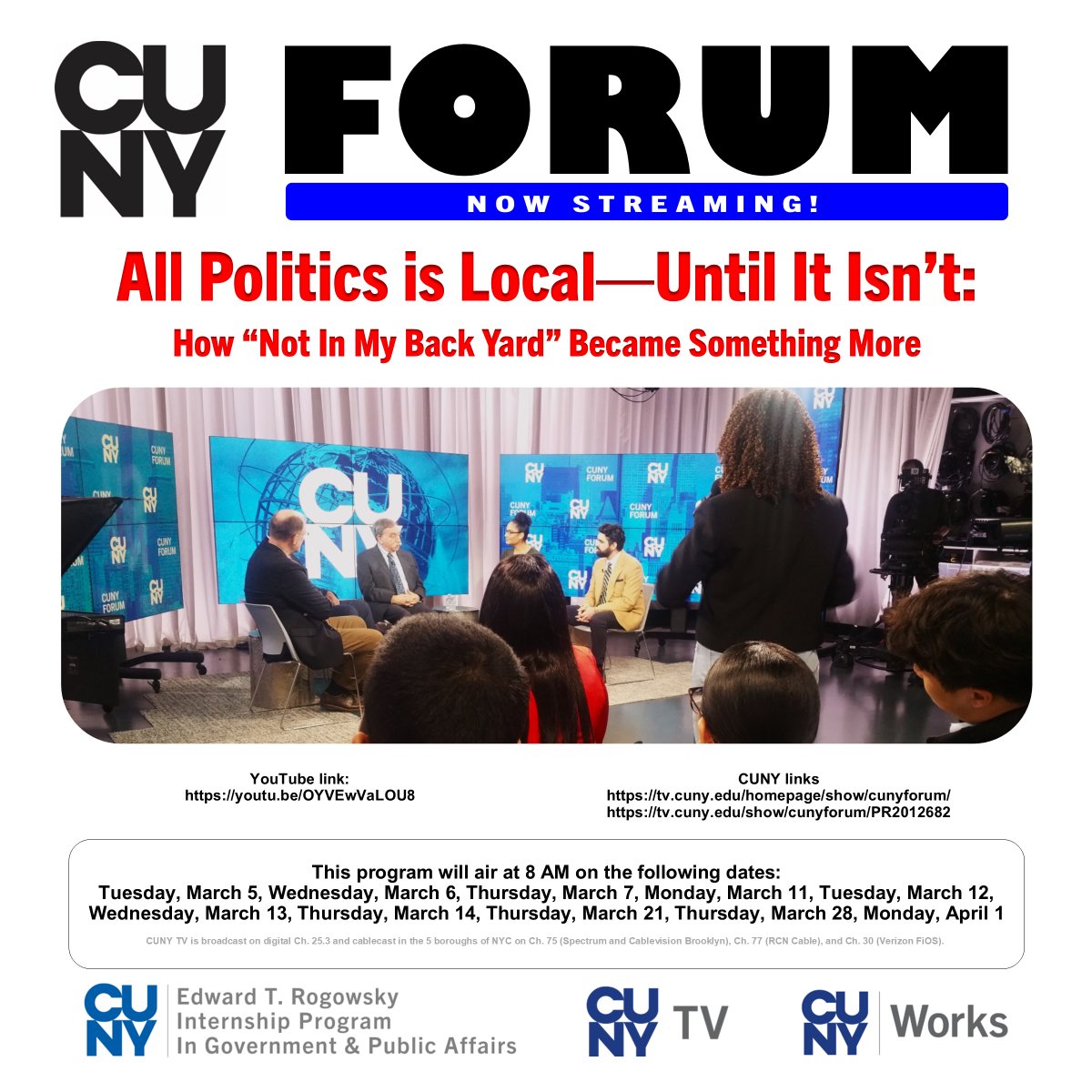 ETRInternship's tweet photo. CUNY Forum Now Streaming: https://t.co/kRrnOK2r48

The 1st of a 3-part series on Politics, Civics, &amp; Voting. 

Guests:
@NailahAmaru
 @JCColtin 
@SR_spatial @GC_CUNY 
Basil Smikle @Roosevelt_House  

Moderator: @BobLiff 

@ETRInternship @ErnestoMalaveJr 
@cunytv @CUNY_Works https://t.co/vrPpnEdzbL