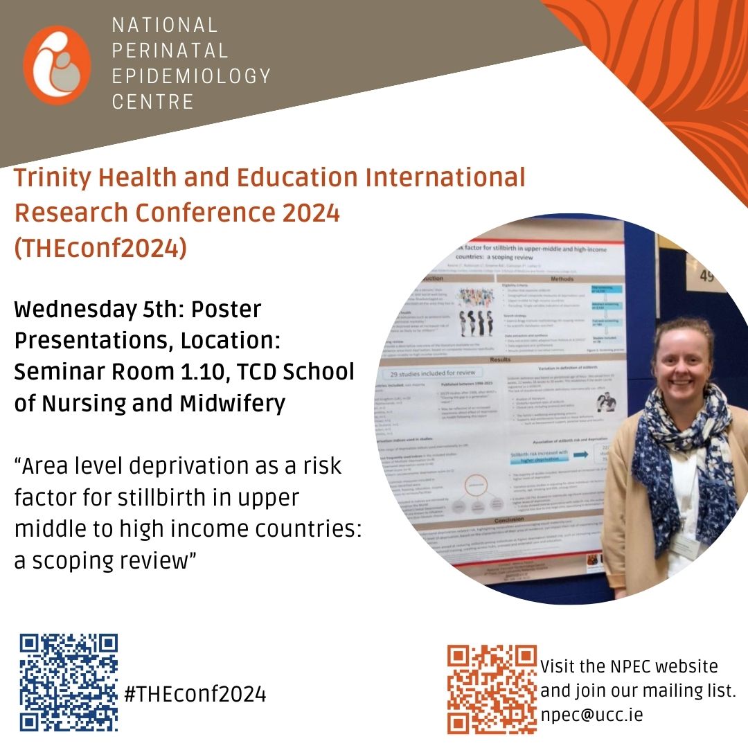 Our research midwife, Jessica, is today sharing findings from her master's research at #THEconf2024 on area-level deprivation as a risk factor for stillbirth. Explore our research projects on our website ucc.ie/en/npec/resear… @TheConf_TCD