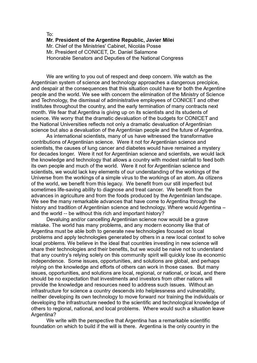 enzoferrante's tweet photo. A letter signed by **68 Nobel Prize winners** from all over the world, asks the government to stop devaluating and cancelling Argentinian science, particularly CONICET, our main research institution, of which I am proudly a part 🇦🇷 https://t.co/Vh32aMz0pR