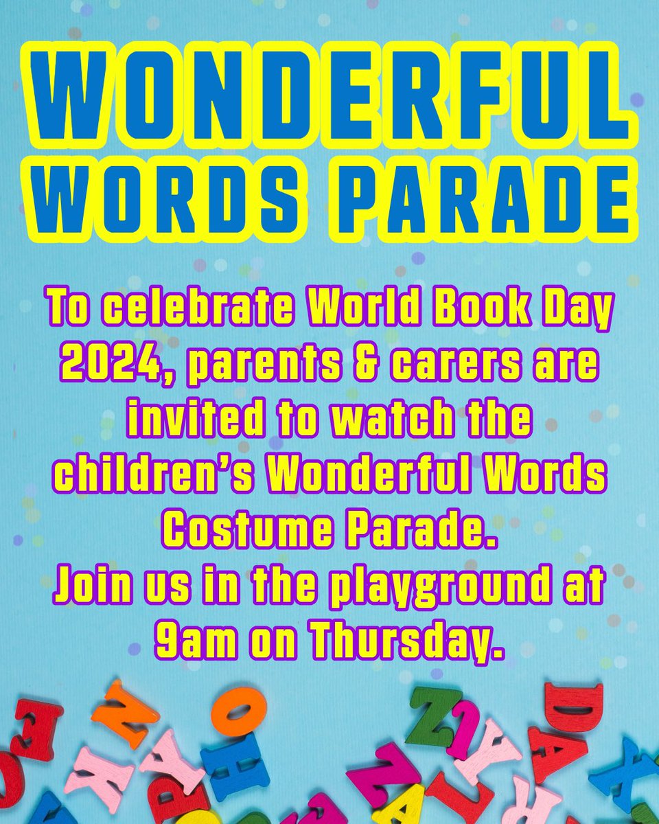 Tomorrow the children are invited to dress as a Wonderful Word. The parade will move between the top and bottom playgrounds from 9am.
#bookweek2024