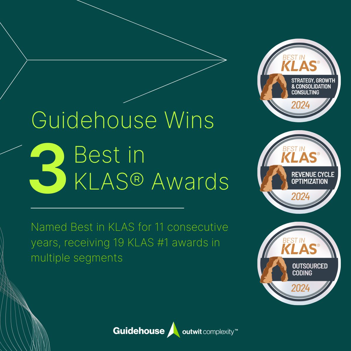 We are proud to share that <a href="/Guidehouse/">Guidehouse</a> earned three 2024 Best in KLAS® awards. The firm is now a 19-time KLAS #1 award winner in multiple segments and has been named Best in KLAS for 11 consecutive years. Learn more: guidehou.se/49Dm1fN #healthcareconsulting