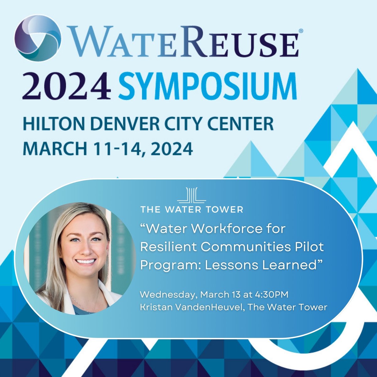 theh2otower's tweet photo. 🌄 Headed to Denver next week for the @WateReuseAssoci Symposium? Join our Director of Impact and Engagement @KristanVwater to discuss lessons learned for engagement and recruitment from the TWT Water Workforce for Resilient Communities Program #WateReuse24 #Reuse #WaterWorkforce https://t.co/B8hb8wRgWo