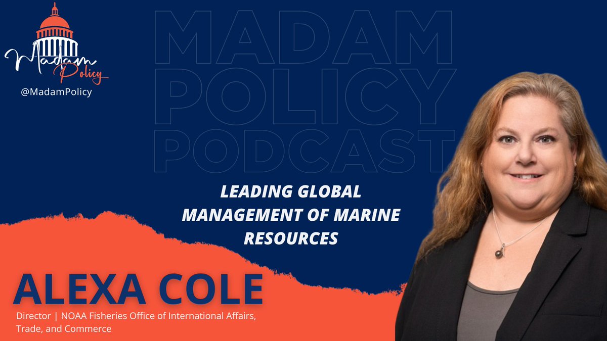MadamPolicy's tweet image. We are excited to welcome back Alexa Cole, Director of @NOAAFisheries Office of Int’l Affairs, Trade, and Commerce. Hosts @EDeeMartin &amp;amp; Anna Karakitsos sit down w/Alexa to discuss her important work &amp;amp; journey, including combatting IUU fishing and forced labor. This is an episode…
