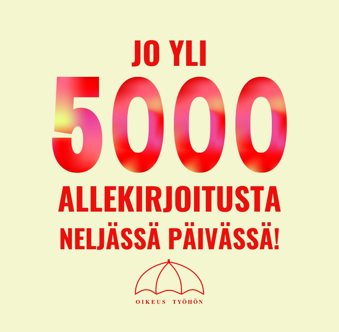 Jo yli 5000 allekirjoitusta neljässä päivässä! 😍

Vielä on kuitenkin matkaa kohti 50 000 allekirjoitusta! Sen saavuttamiseksi tarvitsemme jokaisen apua, joten muista jakaa, tykätä ja tallentaa päivityksiämme ❣️

Allekirjoita osoitteessa kansalaisaloite.fi/fi/aloite/13300 ✍️