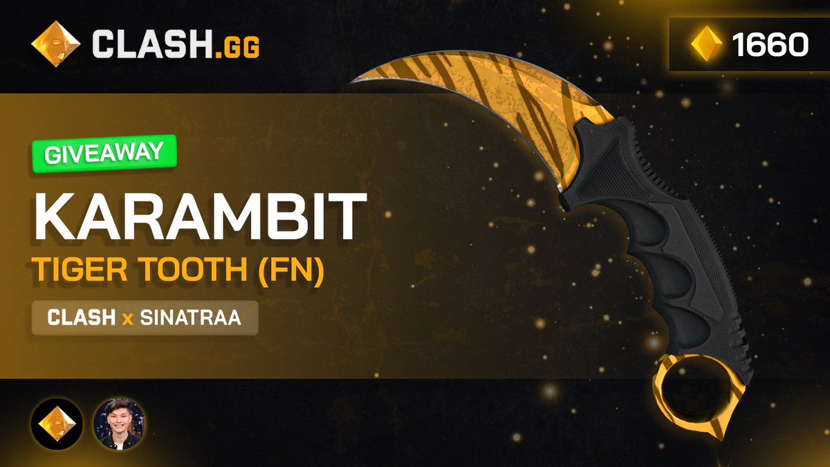 FN Karambit Tiger Tooth giveaway. (1660 gems, $1100 USD) Steps to join Follow @clashdotgg & ME Retweet Tag 1 friend Winner will be chosen in 7 days. GL