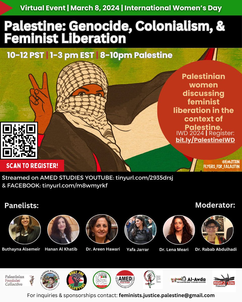 IWD Webinar ‼️ Friday, March 8, at 10am PST/1pm EST/8pm Palestine for “Palestine: Genocide, Colonialism, & Feminist Liberation”. Register here: bit.ly/PalestineIWD The live open classroom can be viewed on Youtube: tinyurl.com/2935drsj and Facebook: tinyurl.com/m8wmyrkf