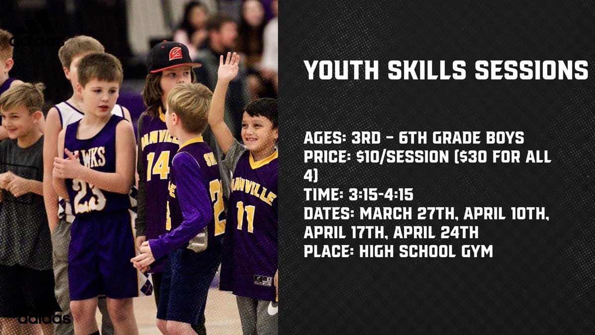 DVilleHawks's tweet photo. Danville Youth Skills Sessions!
3rd-6th Grade Boys
Dates and times are listed in the graphic below!
All sessions will be in the High School Gym AFTER school!
Registration forms will be sent out to students on Friday!
#TTFT⚔️ | #HawkSOAR🦅 https://t.co/PqAcLpF4Jg