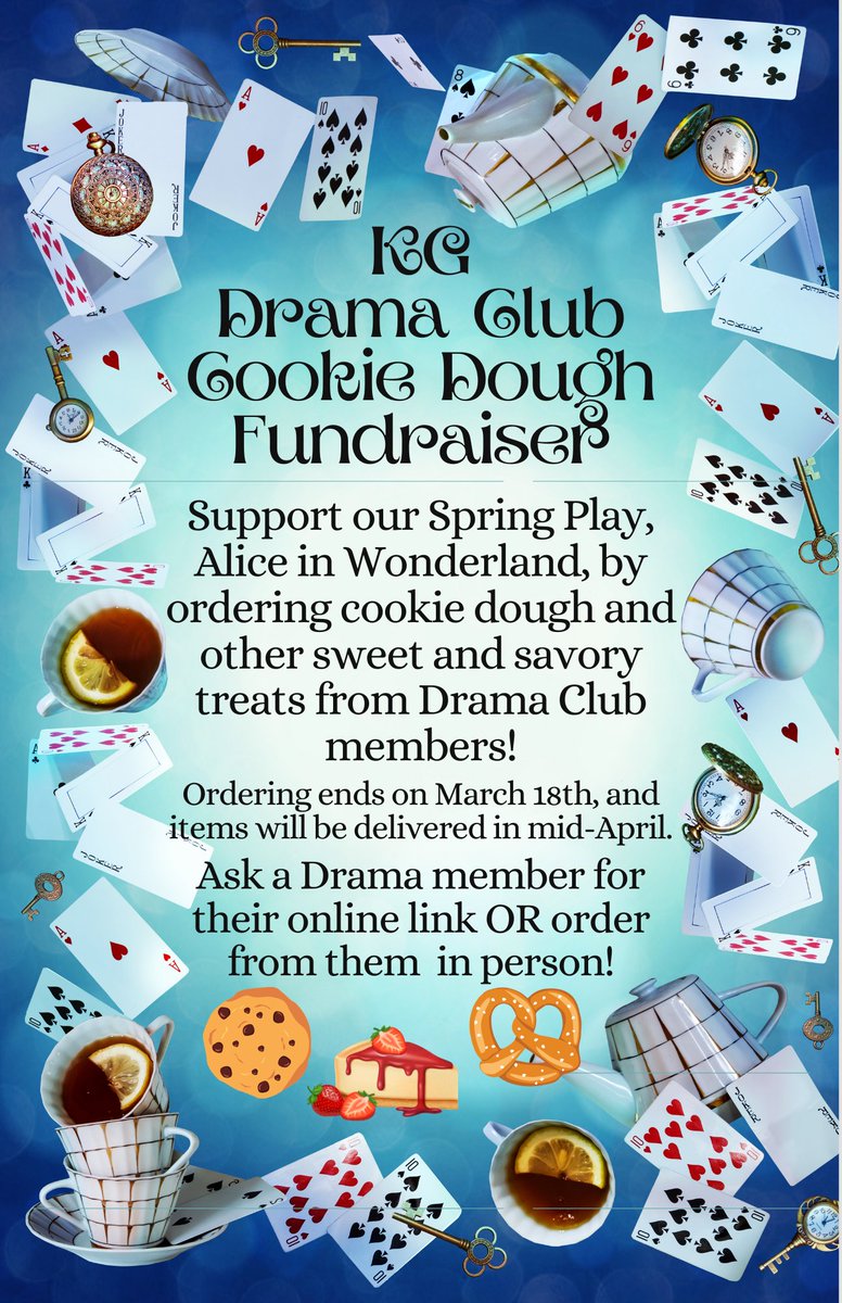 Lockport91's tweet photo. Support KG Drama Club's fundraiser. If you don't know a Ss in Drama, you can order from this link: https://t.co/n1XcT5D7sV. Thanks in advance for supporting our spring production of Alice in Wonderland! Don't forget to mark your calendars to come see the show on April 25 or 26! https://t.co/ctBHB0Qzse