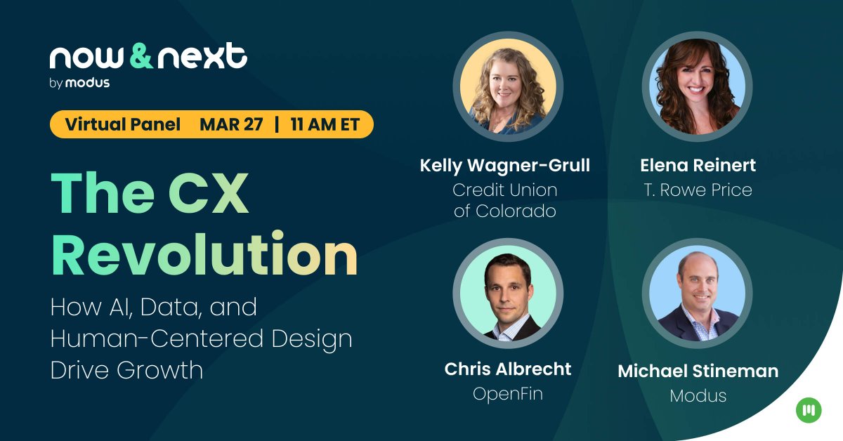 ModusMade's tweet image. Modus is hosting The CX Revolution: How AI, Data, and Human-Centered Design Drive Growth with customer experience leaders from Credit Union of Colorado, T. Rowe Price, and OpenFin. Make sure to attend on March 27: hubs.la/Q02npQ6N0 #fintech #fintechAI