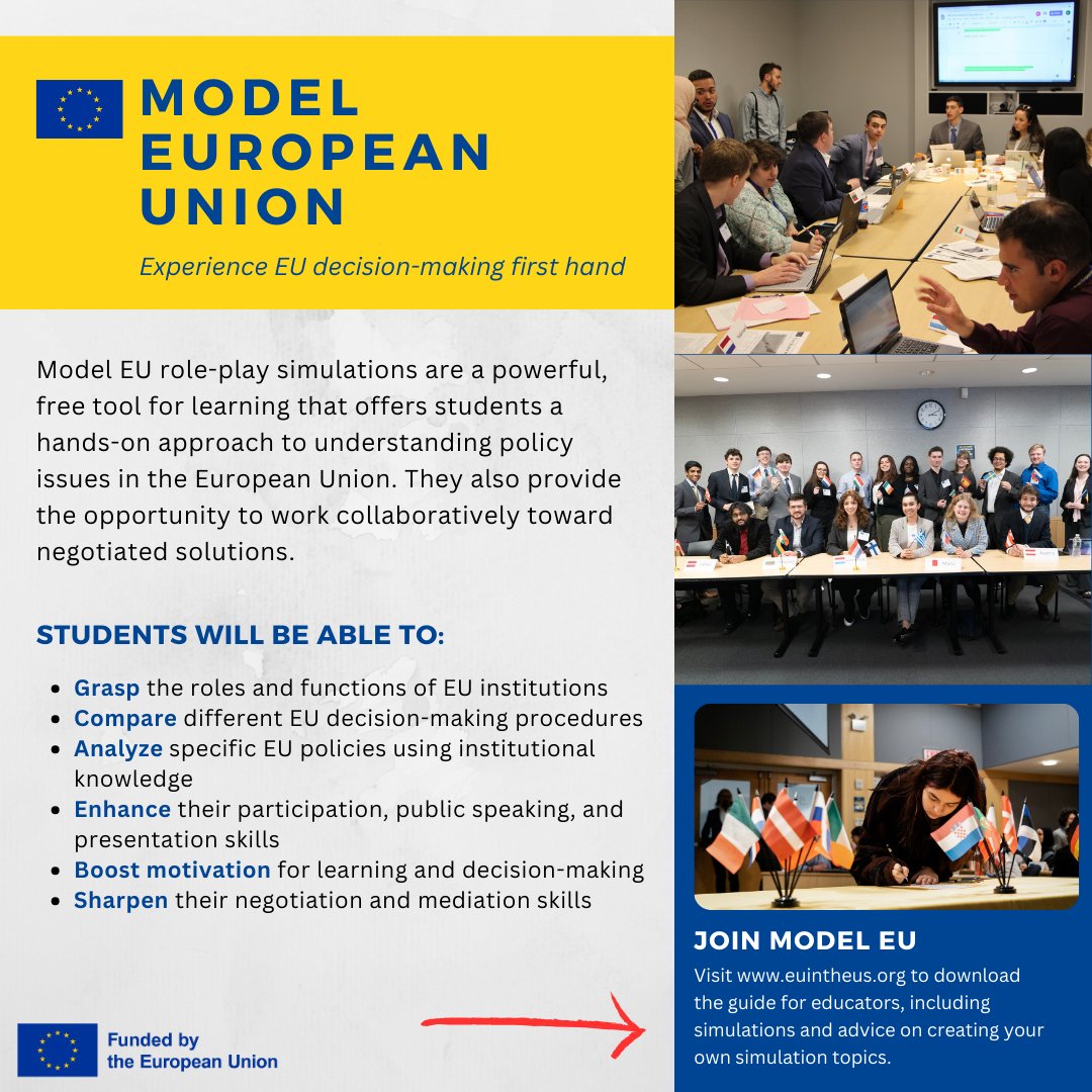 EUintheUS's tweet image. 🇪🇺📚 Calling all social studies teachers! Do you want to immerse your students in European policymaking? We&apos;re offering free #ModelEU simulations that let them step into the shoes of EU officials. Access guides and simulations here: bit.ly/49zj3J4 #Education @EU_FPI
