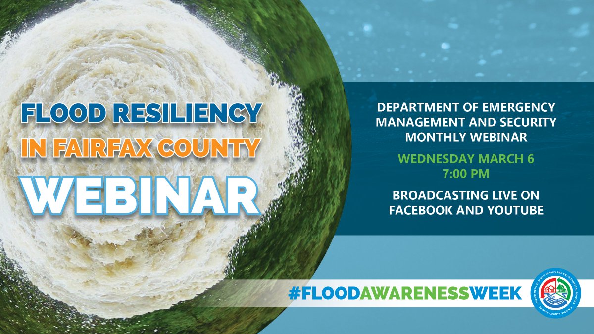 🚨 Join 'Flood Resiliency in Fairfax County' webinar 🌧️ 
part of Flood Awareness Week. Dive into flood prevention & safety strategies with DPWES experts.

📅 Wed, March 6, 7 PM
📌 Live on Facebook & YouTube
bit.ly/49qEjAJ

Let's build a #FloodResilient Fairfax together!