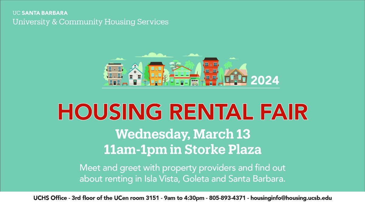 📣Join the University &amp; Community Housing Services team at the Housing Rental Fair in Storke Plaza on Wednesday, March 13 from 11 a.m. to 1 p.m.

Can't make it to this one? There will be one more Housing Rental Fair on April 18!

#ucsbgauchos #ucsb2025 #ucsb2026 #ucsb2027 #UCSB
