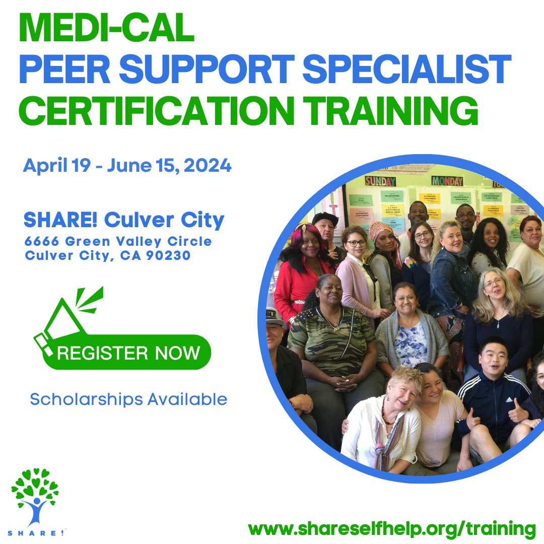 Make a difference in your life and others by becoming a Peer Support Specialist! Training begins April 19th at SHARE! Culver City, CA!

➡️ shareselfhelp.org/peer-training

#SHAREselfhelp #peerworkforce #peersupportspecialist #peersupportspecialists #mentalhealth #recovery #california