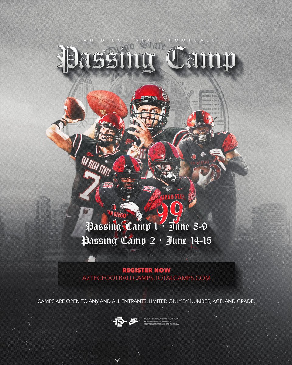 AztecFB's tweet photo. Reminder that registration for ALL of our 2024 summer camps is open!

▪️ Passing Camp 1:  June 8-9
▪️ Passing Camp 2: June 14-15
▪️ Skills Camp: June 16

Be sure to register at
https://t.co/JeI15fEGbT https://t.co/49ARSYxUXj