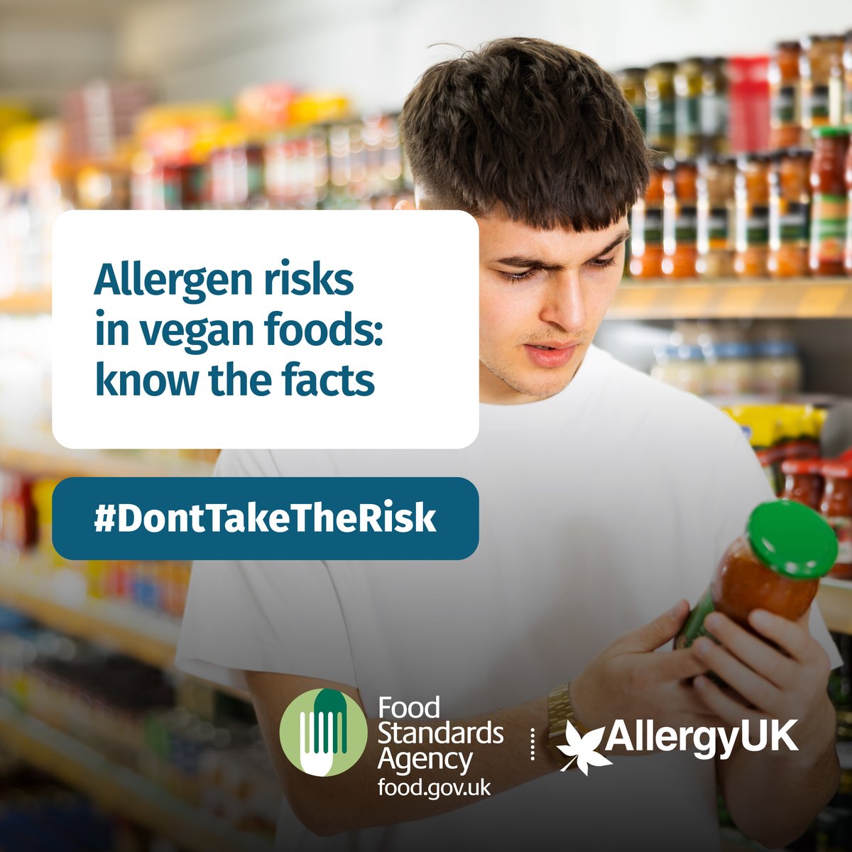 AllergyUK is collaborating with @foodgov campaign to highlight the risk of food labelled as vegan to families managing food allergies. If you have an allergy to animal-based products, always check the may contain label on vegan products to decide if it's safe.  
#Donttaketherisk