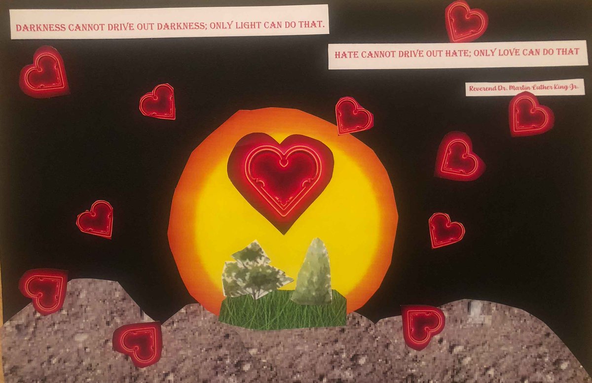 This artwork was created by a student at Sleepy Hollow Middle School to illustrate Dr. Martin Luther King Jr.'s message of love. View more artwork from the #NYSMLK exhibit: bit.ly/3w100Fr #StudentsExhibitingMLK <a href="/ufsdtarrytowns/">Tarrytown Schools</a> <a href="/NYS_OGS/">NYS General Services</a> <a href="/PlazaEvents/">Empire State Plaza</a> <a href="/NYSCapitolVisit/">NYS Capitol & Plaza</a>