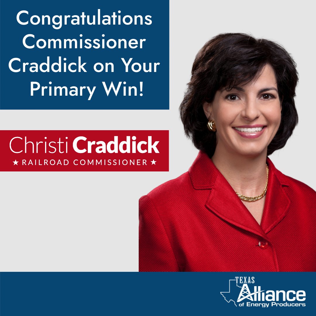 Christi Craddick's win in the primary election for Texas Railroad Commissioner yesterday is a big boon for Texas. She will continue to keep Texas at the energy forefront, from upgrading the agency's technology to regulating the industry. @txrrc @christicraddick #Oil #oilandgas