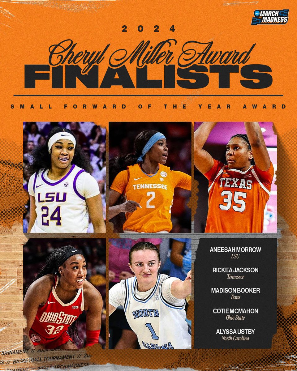 NCAA March Madness (@marchmadnesswbb) on Twitter photo Meet the Cheryl Millerโs Small Forward of the Year finalists!
โญ Aneesah Morrow of @lsuwbkb
โญ <a href="/iamthathooper/">RJ๐</a> of <a href="/LadyVol_Hoops/">Lady Vols Basketball</a>
โญ <a href="/MaddiewitdaB_/">Madison Booker</a> of <a href="/TexasWBB/">Texas Women's Basketball</a>
โญ <a href="/cotiemcmahon23/">cotie</a> of <a href="/OhioStateWBB/">Ohio State Womenโs Basketball</a>
โญ <a href="/alyssaustby/">Alyssa Ustby</a> of <a href="/uncwbb/">Carolina Women's Basketball</a>
#NCAAWBB Meet the Cheryl Millerโs Small Forward of the Year finalists!
โญ Aneesah Morrow of @lsuwbkb
โญ <a href="/iamthathooper/">RJ๐</a> of <a href="/LadyVol_Hoops/">Lady Vols Basketball</a>
โญ <a href="/MaddiewitdaB_/">Madison Booker</a> of <a href="/TexasWBB/">Texas Women's Basketball</a>
โญ <a href="/cotiemcmahon23/">cotie</a> of <a href="/OhioStateWBB/">Ohio State Womenโs Basketball</a>
โญ <a href="/alyssaustby/">Alyssa Ustby</a> of <a href="/uncwbb/">Carolina Women's Basketball</a>
#NCAAWBB