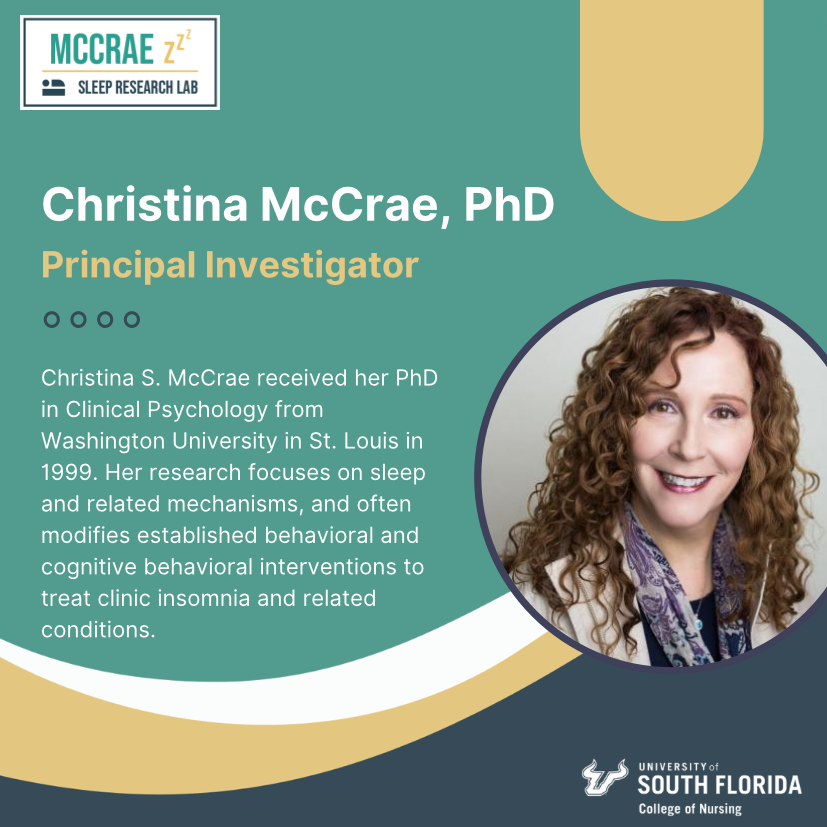 McCrae Sleep Research Lab (@mccraesleep) on Twitter photo The goals of McCrae's multidisciplinary clinical research program are to improve the quality of life for those who suffer from insomnia, clarify the mechanisms underlying chronic insomnia and related conditions and prepare the next generation of clinical scientists. <a href="/USFResearch/">USF Research</a> The goals of McCrae's multidisciplinary clinical research program are to improve the quality of life for those who suffer from insomnia, clarify the mechanisms underlying chronic insomnia and related conditions and prepare the next generation of clinical scientists. <a href="/USFResearch/">USF Research</a>
