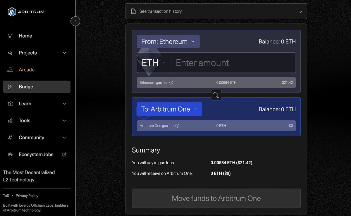 Your bridge into Arbitrum got a fresh redesign and new features!💙🌉

🪐 Bridging to Muster, Proof of Play Apex, RARI, and XAI Orbit chains are now supported
⛽️ Block number and current gas price
👀 New transaction history design
🛠 Improved Testnet mode
🔗bridge.arbitrum.io/?destinationCh…
