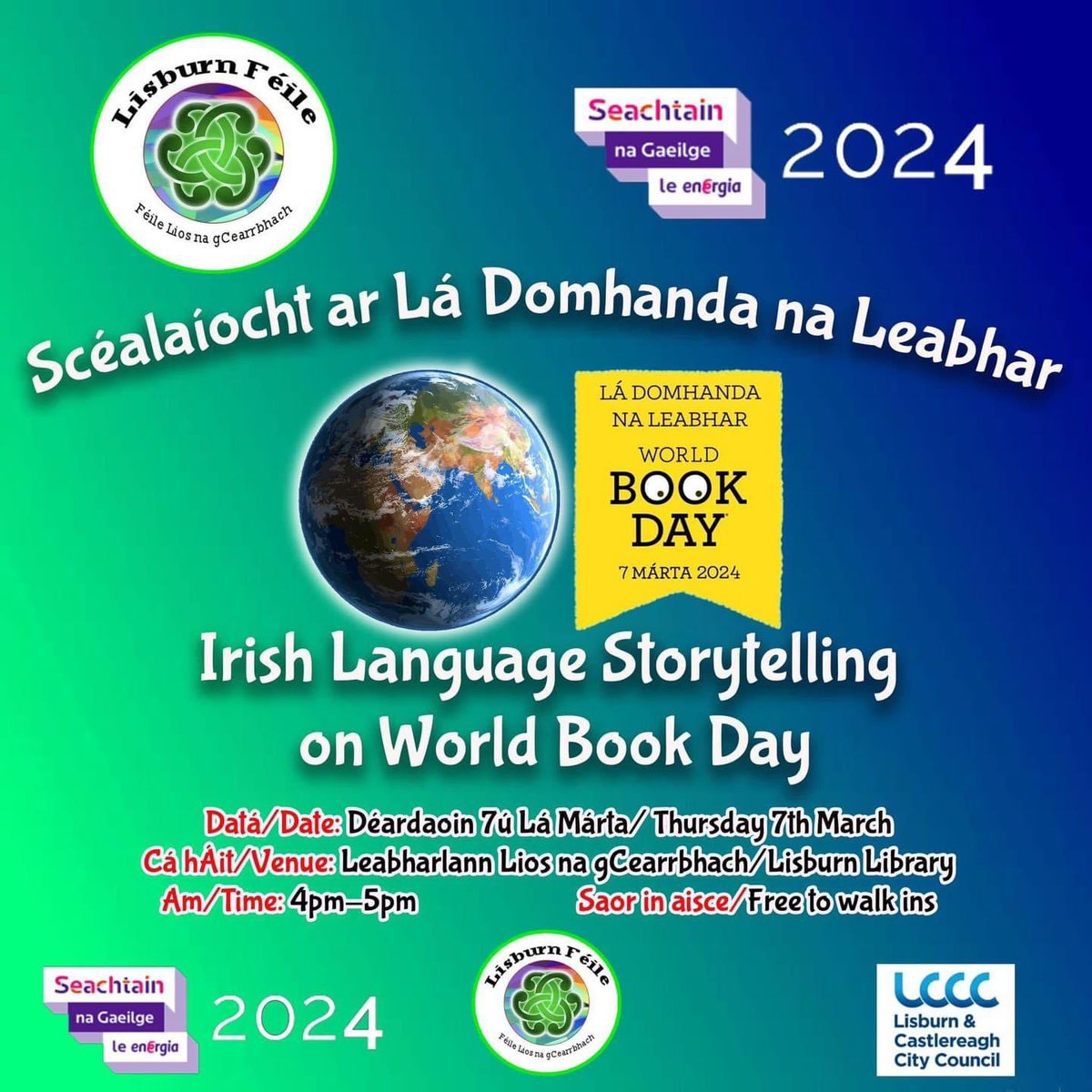 📚 Lá Domhanda na Leabhar - World Book Day 2024 Storytelling Session as Gaeilge. 📆 Déardaoin 7ú Lá Márta/Thursday 7th March 📍 Leabharlann Lios na gCearrbhach/Lisburn Library ⏰ 4pm-5pm 🎟️ Saor in aisce/free to all #WorldBookDay2024 #lisburnféile #SeachtainNaGaeilge