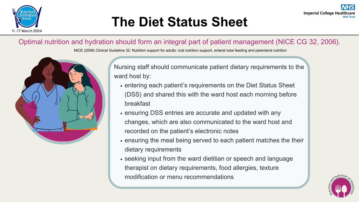 The Diet Status Sheet is central to keeping patients safe at mealtimes because it is how clinical teams communicate with the ward host and ensure patients receive the correct nutrition support for their recovery.

#NHWeek2024 <a href="/BDA_Dietitians/">British Dietetic Association</a> <a href="/ImperialPeople/">Imperial People 💙</a> <a href="/BDA_FoodServ/">BDA Food Services Specialist Group</a>