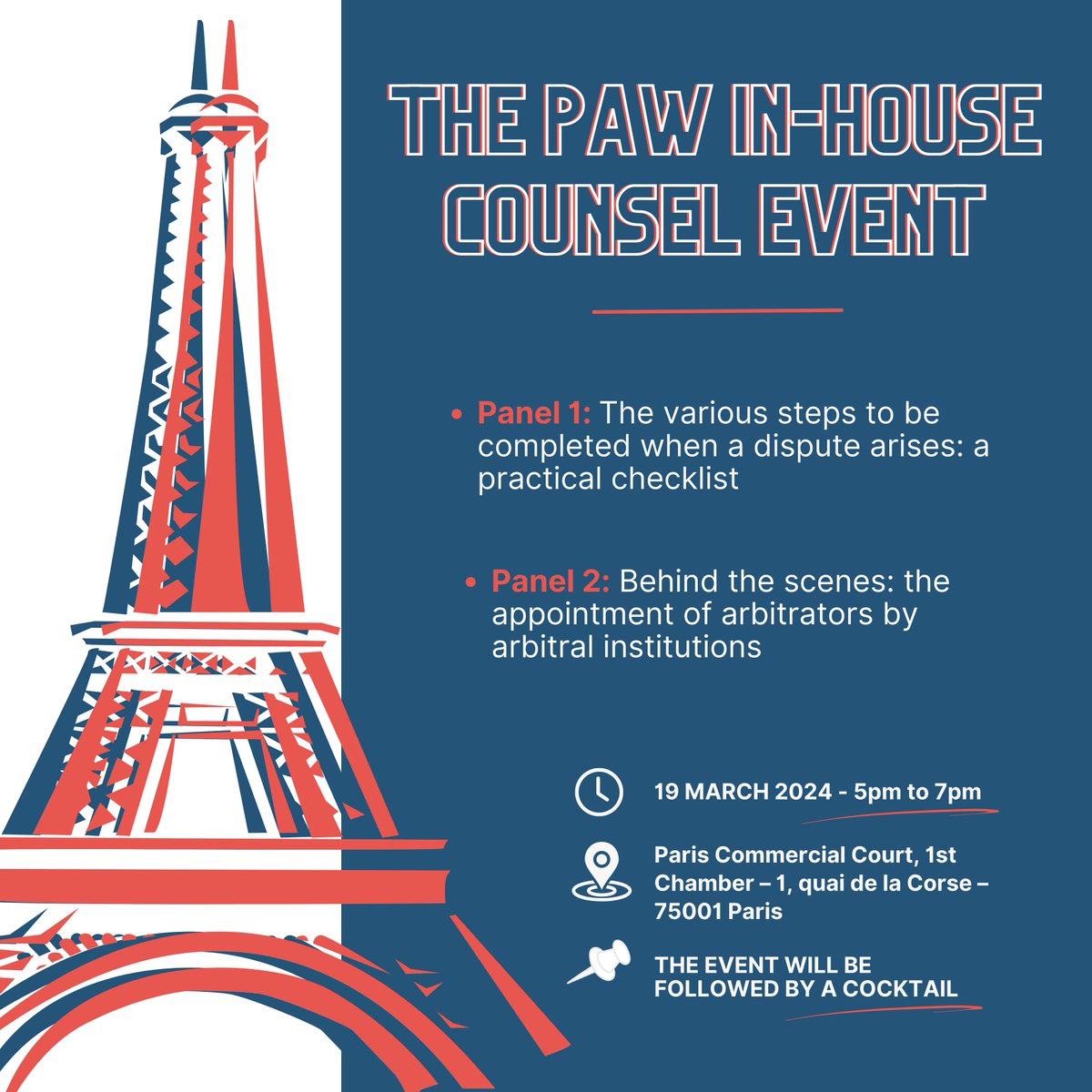 📣 New Paris @ArbitrationWeek  event – #PAW2024 for #InHouseCounsel 📣

We are delighted to invite you to the inaugural #PAW In-house Counsel Event, taking place during Paris @Arbitrationweek ⤵️

[1/8]