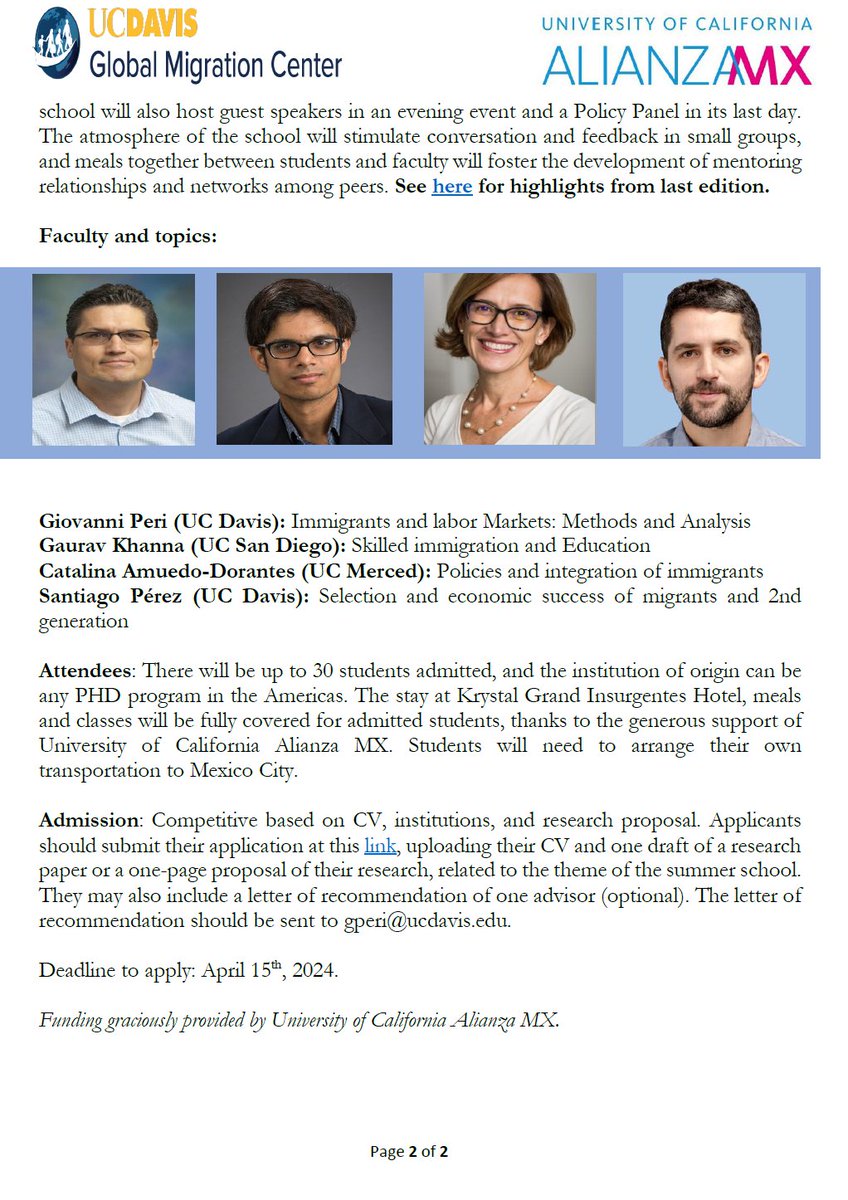 I am very happy to announce the call for applications for the Summer School 2024 in Economics of Migration organized by the @UCD_globalMC and <a href="/UC_AlianzaMX/">AlianzaMX</a>. It will be on September 9-12, in Mexico City.