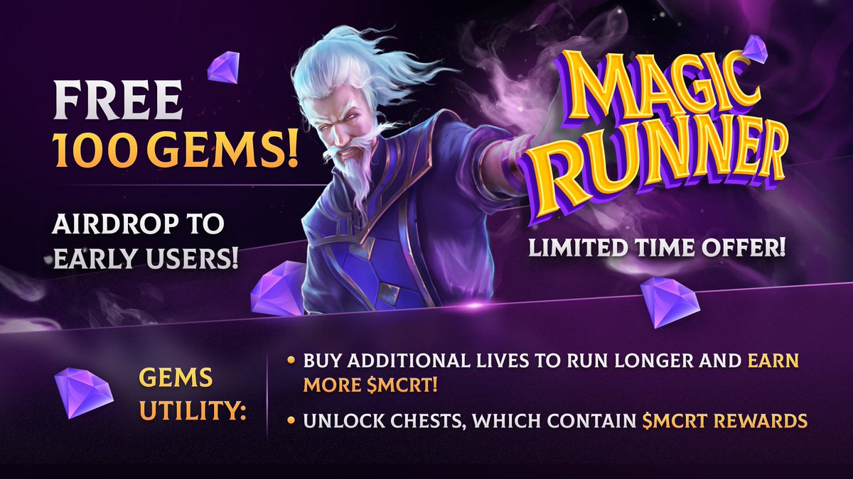 💎 FREE 100 GEMS AIRDROP TO EARLY USERS! 💎

Use gems to earn more $MCRT when buying additional lives, as well as unlock chests that contain $MCRT rewards inside! 💰

🎁 Download Magic Runner NOW &amp; receive 100 Gems AIRDROP! 🪂 Share your $MCRT wins below👇
lobby.magiccraft.io/magic-runner