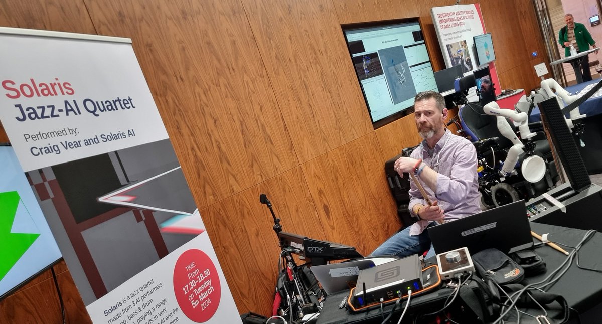 Craig preparing for his #AI #music performance at the #TASshowcase2024 - Live in London 2024 @UoNComputerSci @DigiScoreERC @UoNMusic @tas_hub @HorizonDER @craigvear @_MichaelStead in the background #Research 🥁 🎶 #percussion #drums #drumming