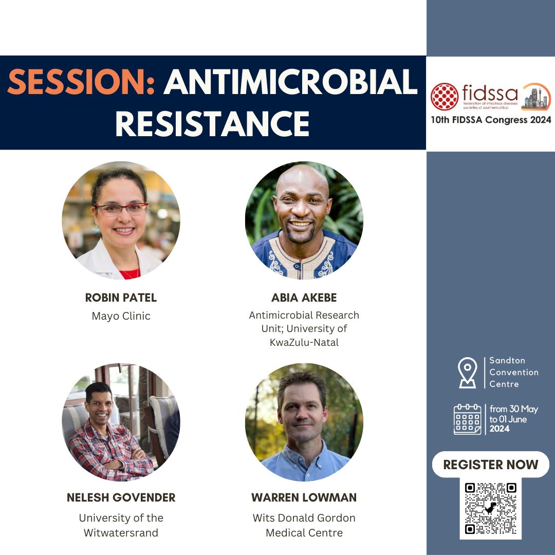 Join #FIDSSA2024 to explore new strategies against #AMR with experts @neleshg, @microrp, Abia Akebe, Warren Lowman. 🎤 Diagnostic strategies to combat AMR 🎤 AMR through the One Health lens 🎤 Therapeutic drug monitoring 🎤 Don’t forget the fungi! buff.ly/3SVpPTK