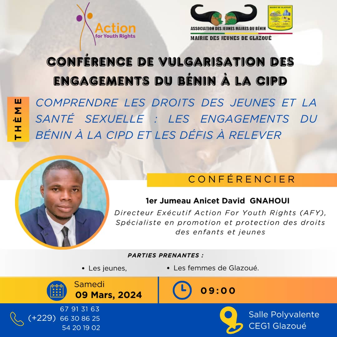 ActionForRights's tweet photo. Allô et si tu venais avec nous à Glazoué pour mieux comprendre les engagements pris par le Bénin à la CIPD pour la réalisation des droits jeunes et des femmes ?
Rendez-vous ce 09 mars à 9h au CEG1 @unfpa_benin @GillesFagninou @david_anicet @UNFPA_WCARO  @NafissatouDiop https://t.co/9KP6KkLRV3