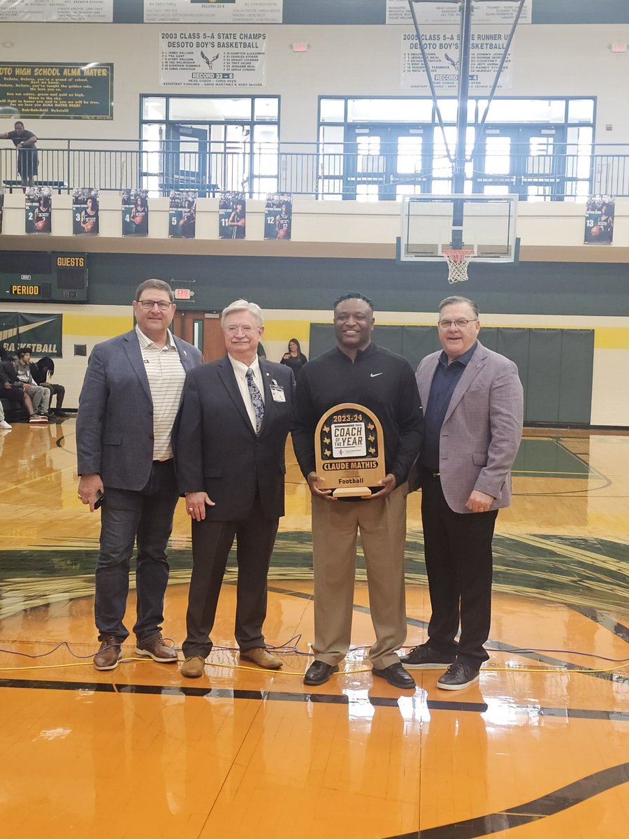 Desoto head football coach Claude Mathis was honored this morning as the @THSCAcoaches Coach of the Year, after he led the Eagles to a second consecutive state championship.