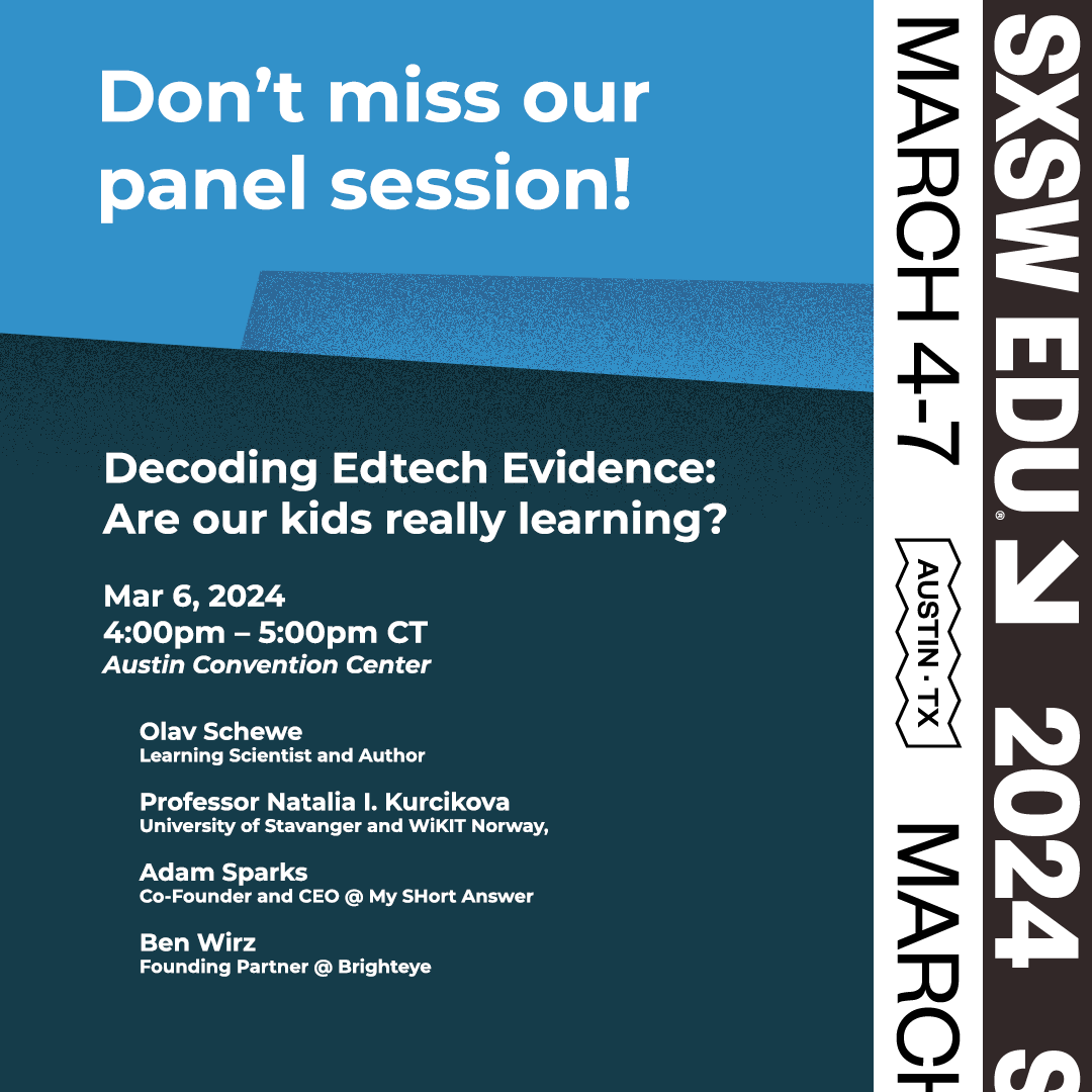 We are only a few hours away from our #Edtech evidence panel <a href="/SXSWEDU/">SXSW EDU</a> ! 

If you are in Austin or can be for 4pm CT, please join us for this session to hear from:
<a href="/NKucirkova/">Natalia I. Kucirkova</a> 
<a href="/OlavSchewe/">Olav Schewe</a> 
<a href="/AdamSparks/">Adam Sparks</a> 
<a href="/bthewirz/">Benoit Wirz</a> 

🔗 schedule.sxswedu.com/2024/events/PP…

#SXSWEDU
