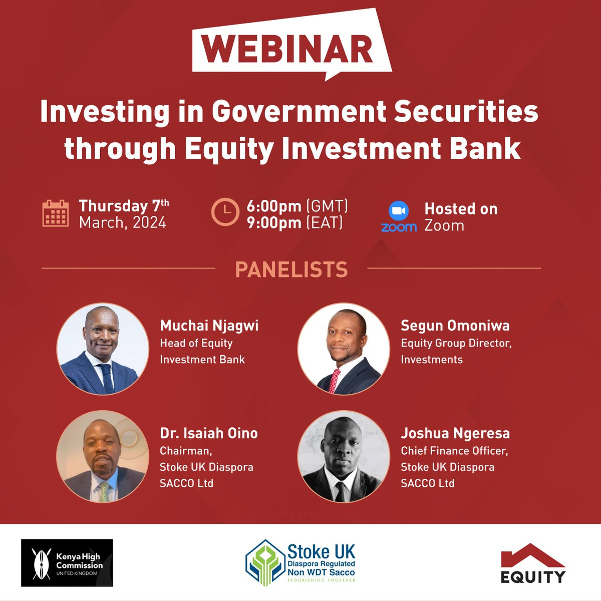 Want to learn the secrets of successful investing in government securities? Our upcoming webinar in partnership with Kenya High Commission- United Kingdom and Equity Investment Bank has got you covered! 
#webinar #investmentwebinar #investors  #kenyansindiaspora #diasporakenyans