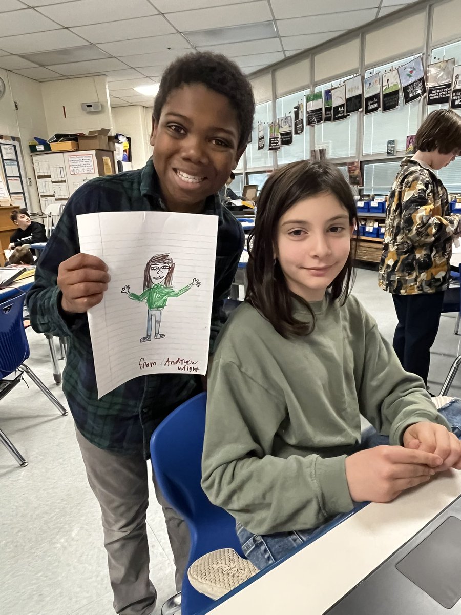 Good things happening in room 123 this week: A tourist plays battleship during indoor recess, writing partners ask questions to help each other add more detail, Gunnar’s very colorful writing process, and Andrew’s beautiful portrait of Joey! #tatemtweets #collsedu