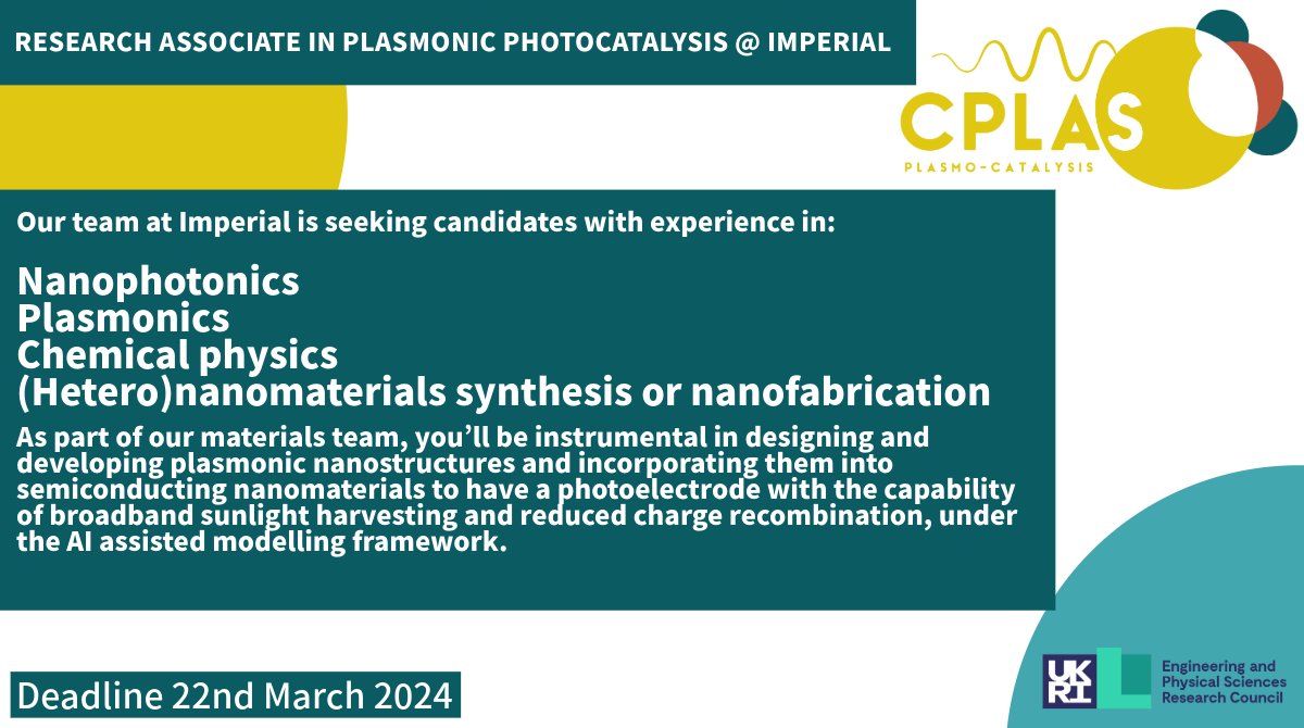 Join our team at @ImpMaterials Professor Fang Xie is recruiting for a research associate in Plasmonics Photocatalysis. More details and apply 👇 cplas.org/recruitment #plasmonics #Photocatalysis #plasmocatalysis @LondonNanotech @EPSRC