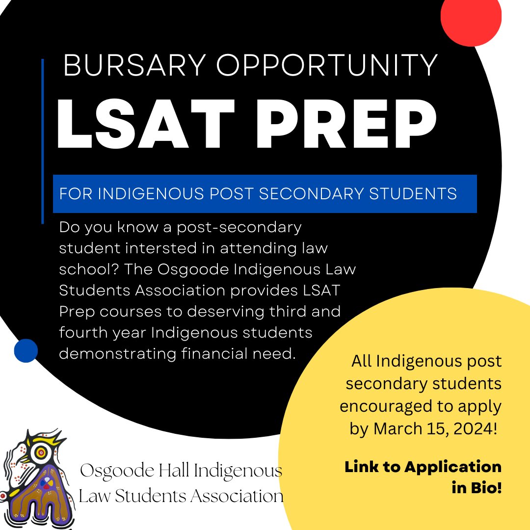 Do you know an Indigenous post-secondary student interested in attending law school? The Osgoode Indigenous Law Students Association offers LSAT prep courses for third and fourth-year Indigenous post-secondary students. Apply through linktr.ee/Osgoode_oisa by March 15, 2024.