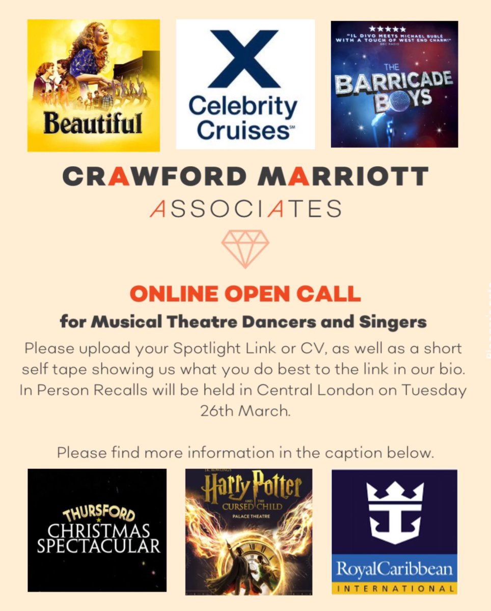 As Crawford Marriott Associates continues to grow, we are excited to announce that we are opening our books for a limited time for Musical Theatre Dancers and Singers! Please follow the link in our bio for more information. Deadline for submissions is Monday 18th March.