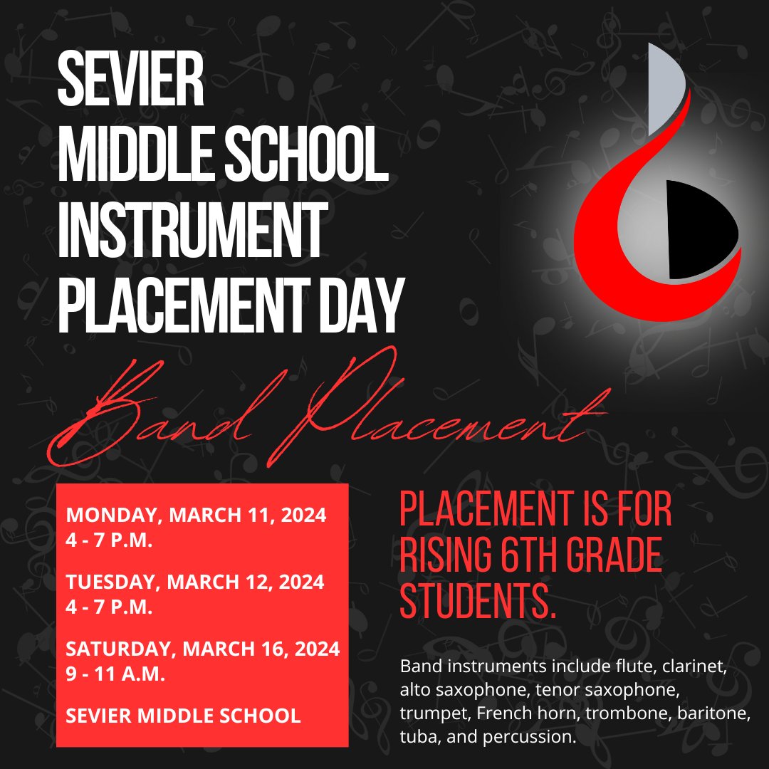 kcs__district's tweet photo. ❗REMINDER❗ March 11th is Band &amp; Orchestra Placement Day for @KCS_Sevier. 🎺🎻🎵😃

If your 6th grader (or new to Sevier student) is interested in playing in the band/orchestra, please drop by Sevier from 4-7 PM.

Questions? Email aswhite@k12k.com or gsinko@k12k.com. https://t.co/M1a5jWkg9A