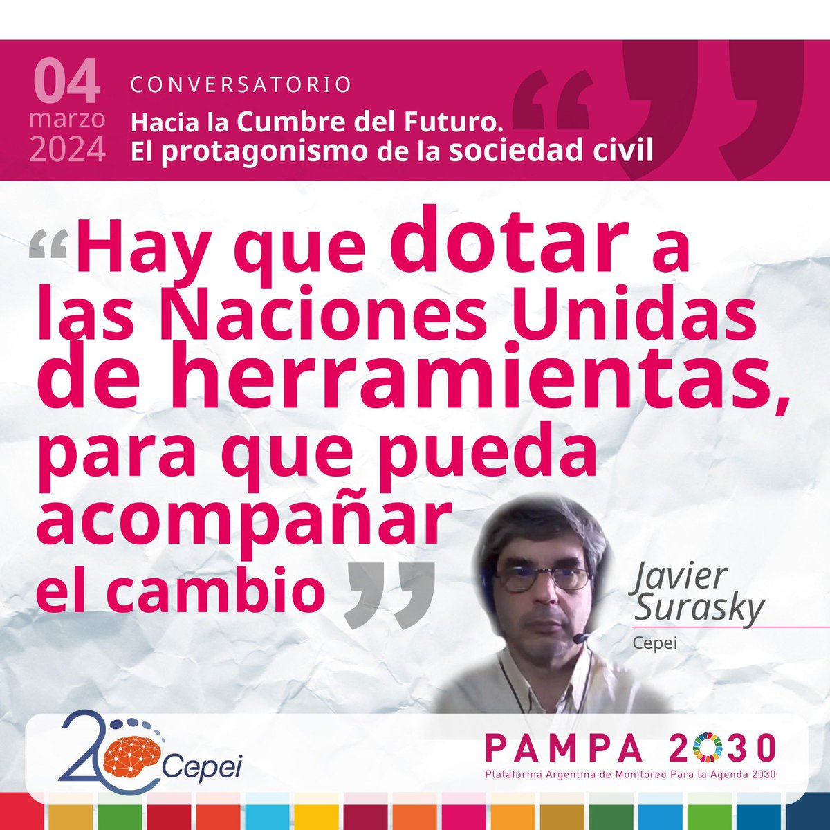 pampa2030's tweet photo. El 4 de marzo tuvimos un Conversatorio junto a CEPEI. Participaron alrededor de 30 personas integrantes de PAMPA y representantes de Naciones Unidas. Intercambiamos puntos de vista y expectativas preparando la Cumbre del Futuro, que será en Septiembre. https://t.co/DBc1snPdTF