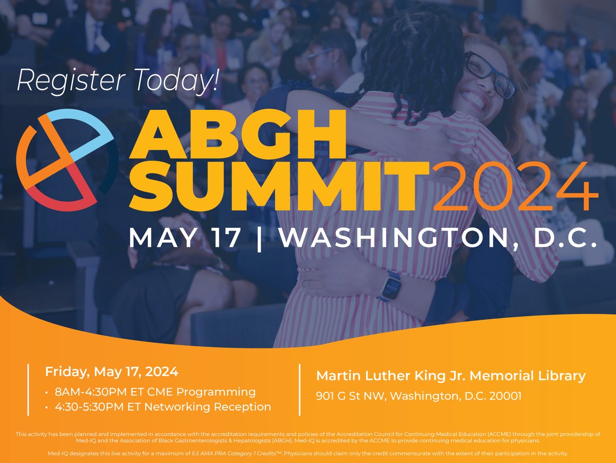 Are you registered yet? What: #ABGHSummit24 When: Friday, May 17th, 8AM Where: MLK Memorial Library, Washington, D.C. 🔗bit.ly/abghsummit24re… #blackingastro #cme #meded #healthequity