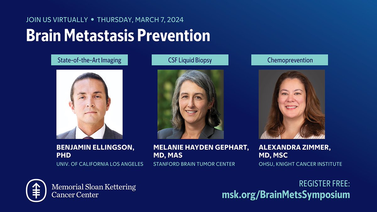 Excited for tomorrow's fantastic panel on #brainmet grail: prevention & early detection. Join for insights from
🧠B. Ellingson (advanced neuro imaging)
🧠M. Hayden Gephart (liquid biopsy)
🧠A. Zimmer (chemoprevention) @aszim13 
Register (complementary) at: bit.ly/BrainMets2024