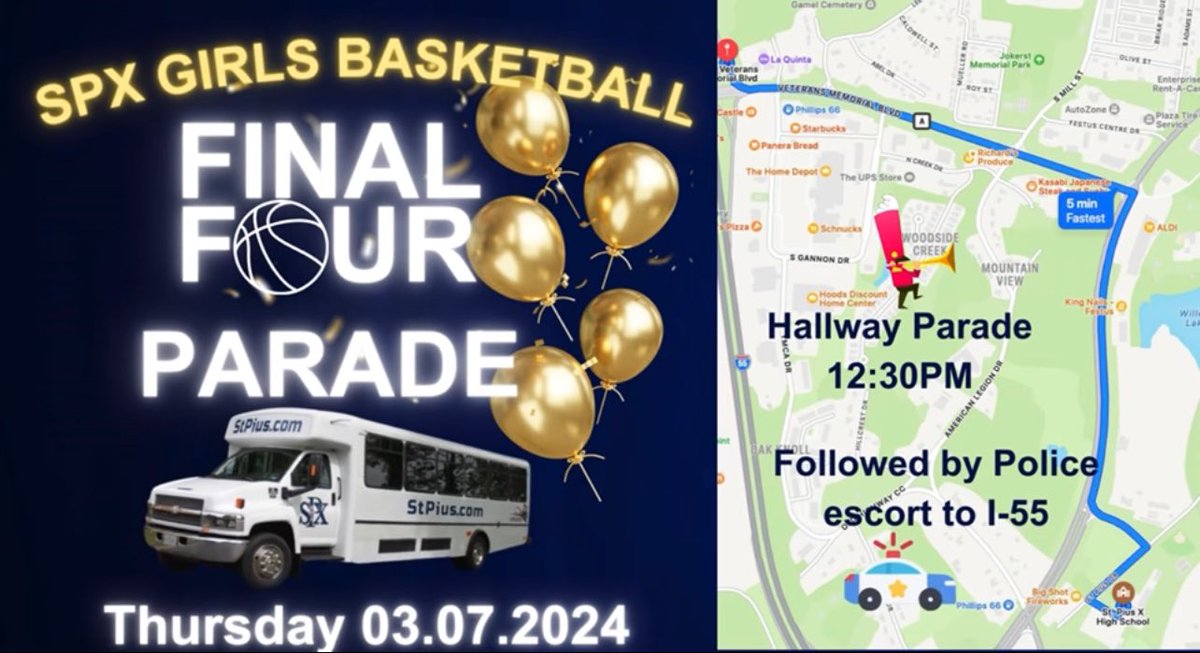 StPXGirlsBball's tweet image. Ready and rarin' to go! Help us wish the girls' good luck on St. Pius' first ever trip to the Final Four!! They have worked tirelessly on their game, and it shows on the court!
Mizzou Shuttle will depart St. Pius at 1pm tomorrow! @stplancersports @stpxlancers @myleaderpaper