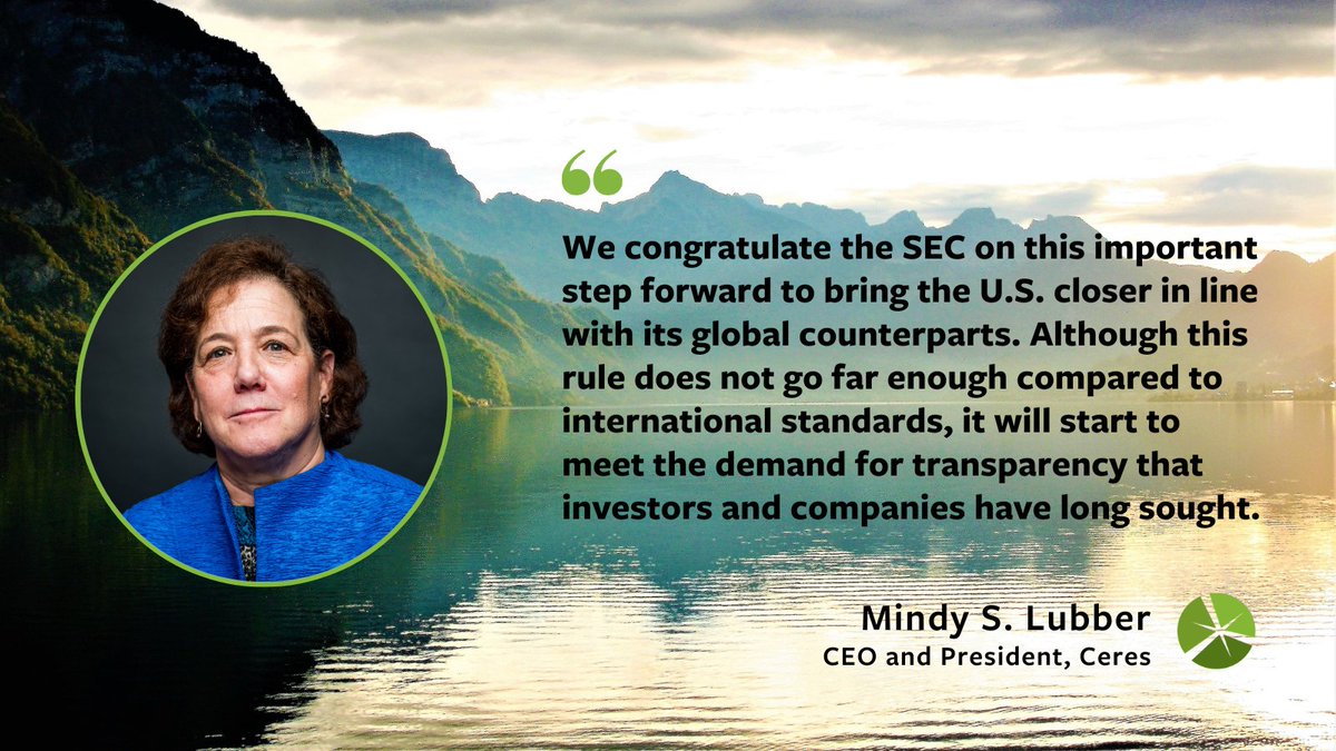 Ceres welcomes the <a href="/SECGov/">U.S. Securities and Exchange Commission</a>'s adoption of the first-ever federal rule mandating the disclosure of climate-related risks from all U.S. public companies. Read our full statement: ceres.org/news-center/pr…