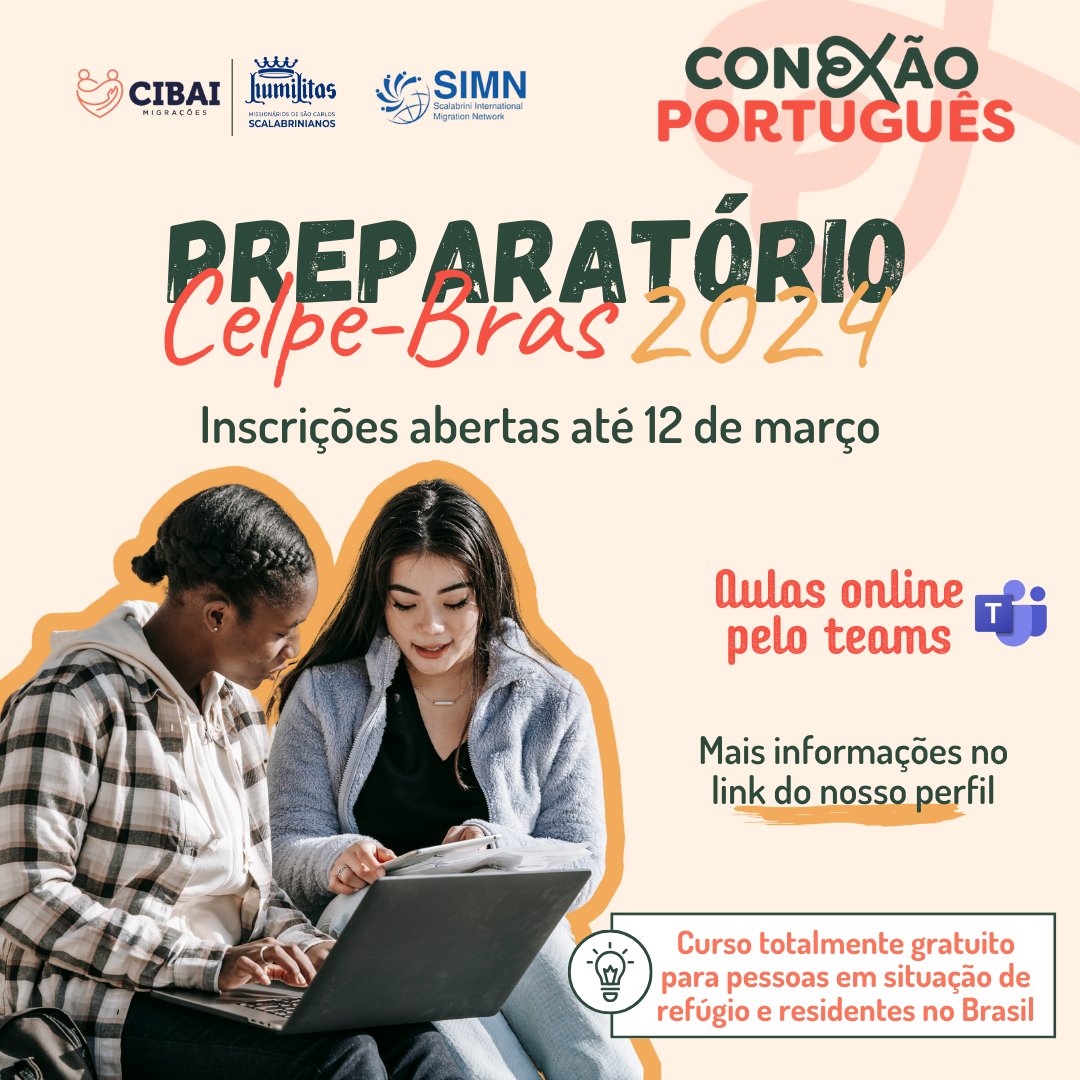 MMigracoes's tweet photo. 🔥 Quer se preparar gratuitamente para o exame Celpe-Bras 2024?

O Conexão Português abre inscrições para o nosso tradicional curso preparatório! 📚

Vagas limitadas, corra e garanta a sua! ⏳🇧🇷

Para mais informações e inscrições: https://t.co/uiBXOh6Gun

#CelpeBras2024 https://t.co/vodTYwBC3R