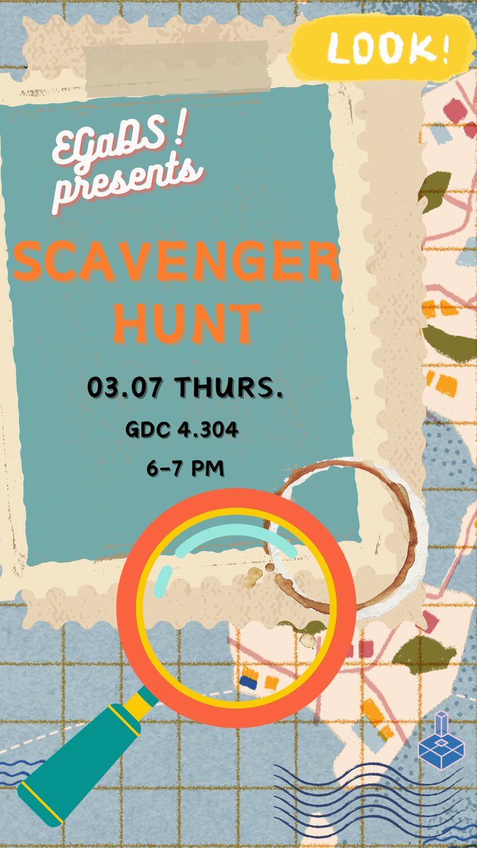 Hey everyone!

This Thursday at 6 pm in GDC 4.304 we will be having a scavenger hunt social! 🔍

You will be searching around the GDC for specific items in order to get points. The person with the most points will get a t-shirt! 

We can't wait to see y'all there! 🥳